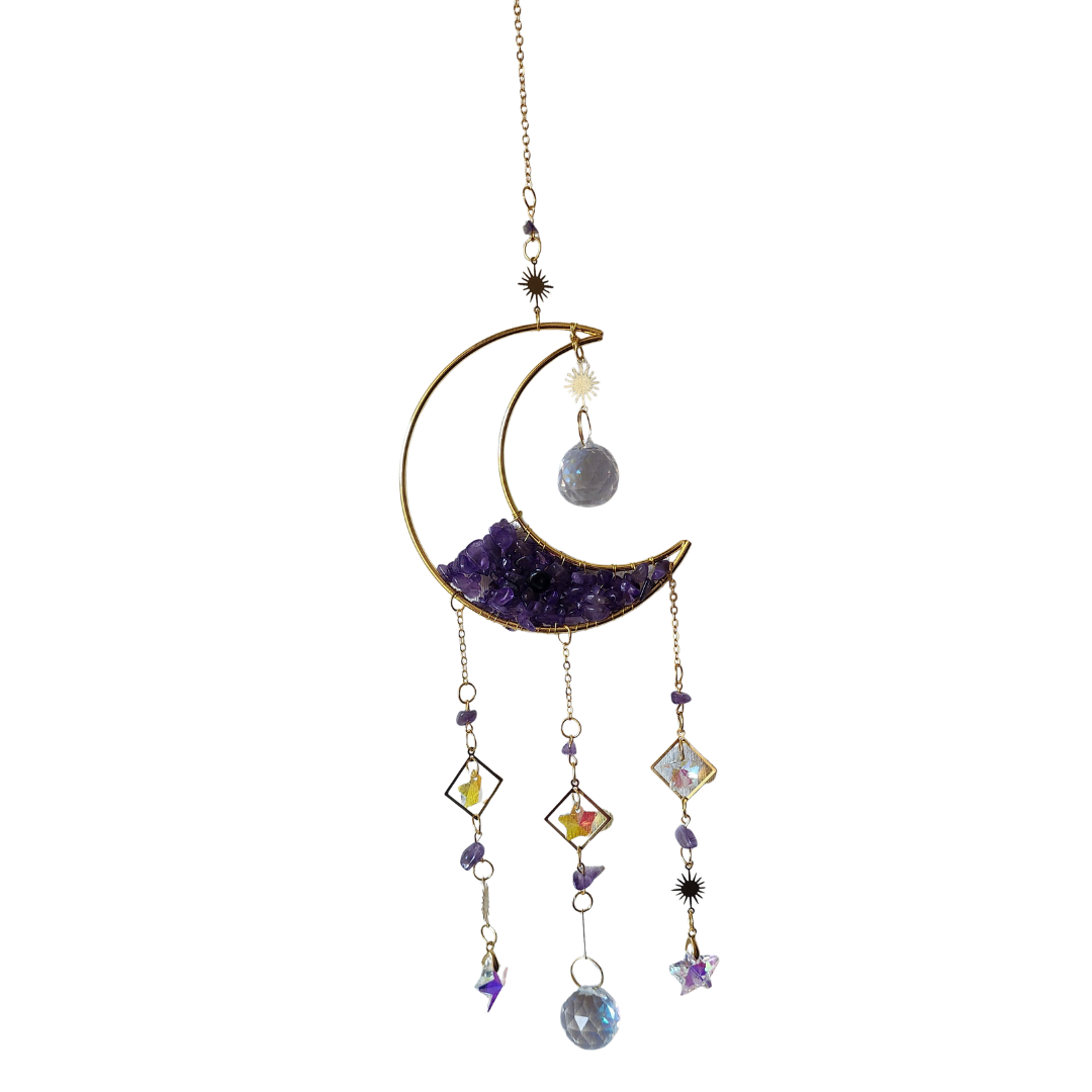 Atrapa Sol Media luna con prismas y piedras amatista